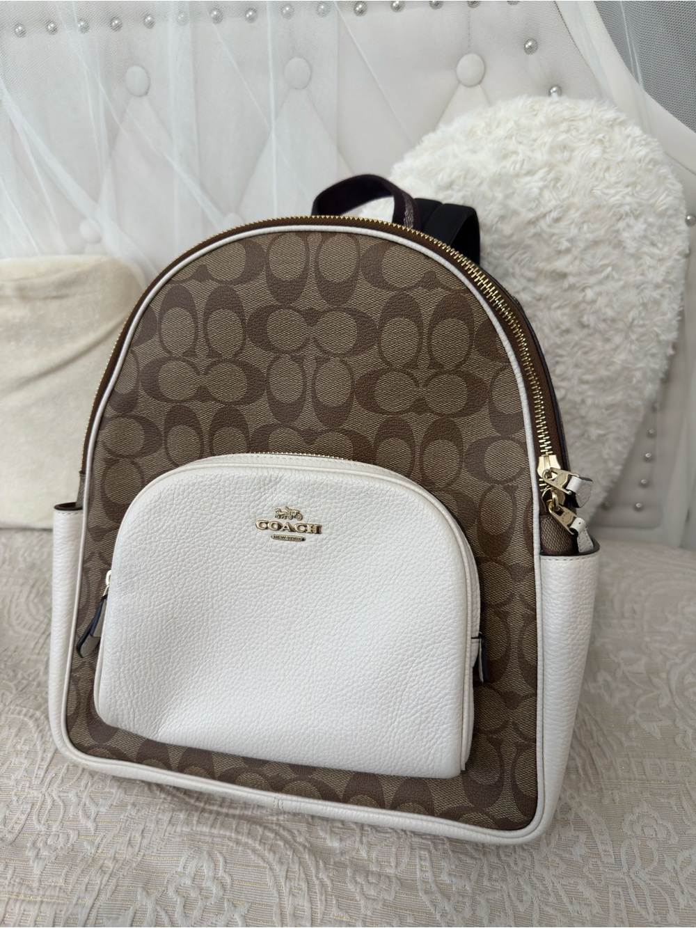 Coach Brown Signature Canvas Backpack with White Leather Pocket